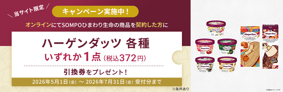 オンラインにてSOMPOひまわり生命の商品を契約した方にハーゲンダッツ各種いずれか1点（税込372円）引換券をプレゼント！